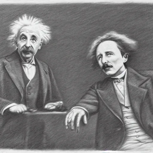 Image similar to Einstein and Tesla sitting at cafe, pencil drawing, ultra detailed