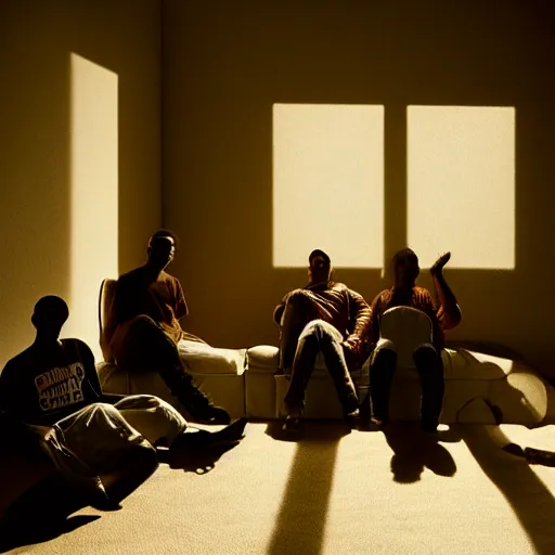 Prompt: gang members chilling around dirty couch in a beige room thick volumetric dust god rays shines through cheap blinds kinda atmosphere jonathan zawada style photography