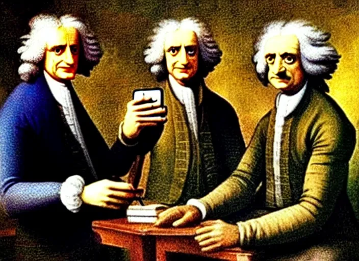 Image similar to selfie of isaac newton and stephen hawkins and albert einstein