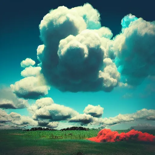 Prompt: puffy clouds made of chrome, james jean style, claymation style, colourful, volumetric light,, dramatic light, analogue photo, vfx art, digital painting, digital illustration, unreal engine render,