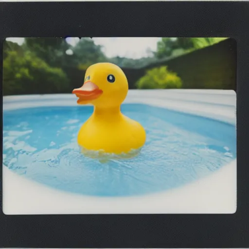 Prompt: a very beautiful polaroid picture of a rubber duck in a pool, award winning photography