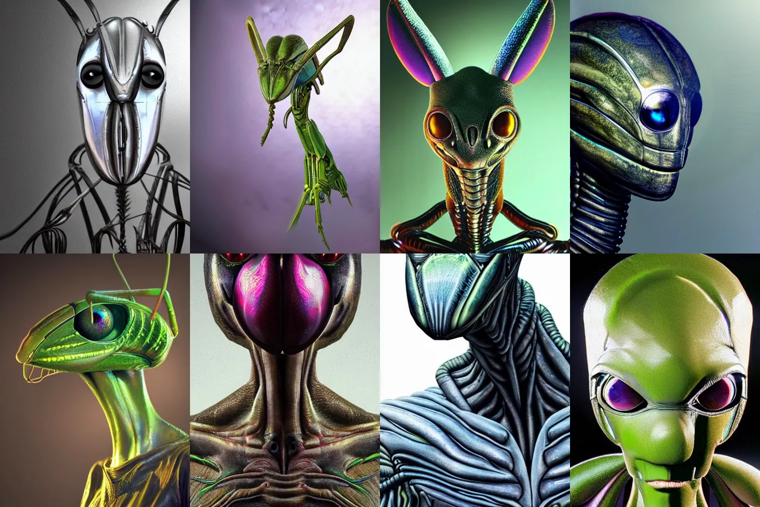 Prompt: organic alien in the form of mantis head, fullbody, hyperrealism, realistic photo, ultra detailed, surreal, heavy, symmetrical front, dramatic lights, frightening