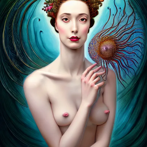 Image similar to portrait of a young attractive nerdy woman in flowing sensual dress, arrogant, long fine flowing hair, delicate, looking at camera, slightly awkward smile, realistic face, realistic hands, stylish, elegant, grimdark fantasy, flowers, extremely detailed painting inspired by Gerald Brom and Ernst Haeckel and Sandro Botticelli , studio lighting