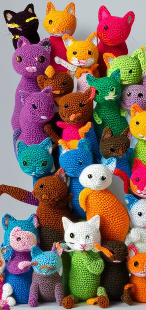 Image similar to multicolored crocheted cats, 2 0 3 0 s catalogue photo,