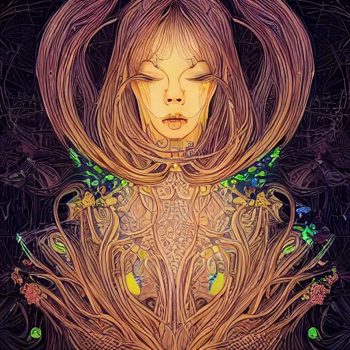 Image similar to the portrait of an unimaginably beautiful, graceful, elegant, and sophisticated young woman made of bulbs of garlic, an ultrafine detailed illustration by james jean, intricate linework, bright colors, final fantasy, behance contest winner, vanitas, angular, altermodern, unreal engine 5 highly rendered, global illumination, radiant light, detailed and intricate environment