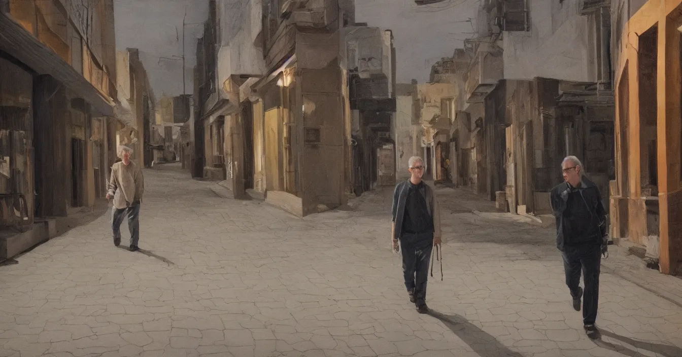 Prompt: todd solondz, high quality high detail painting of todd solondz walking with a friend in an empty tel aviv street, face of todd solondz, night, by lucian freud and gregory crewdson, hd, photorealistic lighting