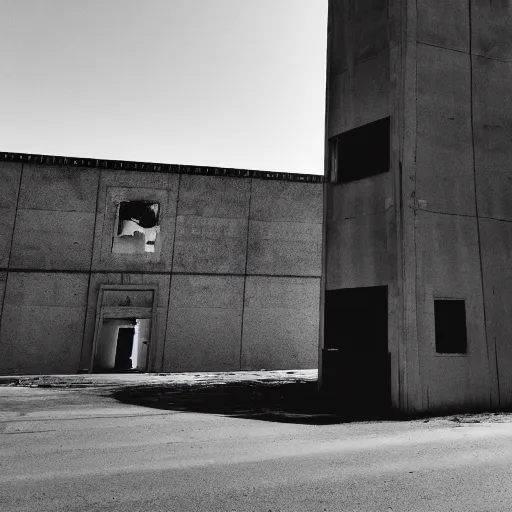 Prompt: black and white security camera image of a black silhouette of a man caught in an abandoned brutalism structure