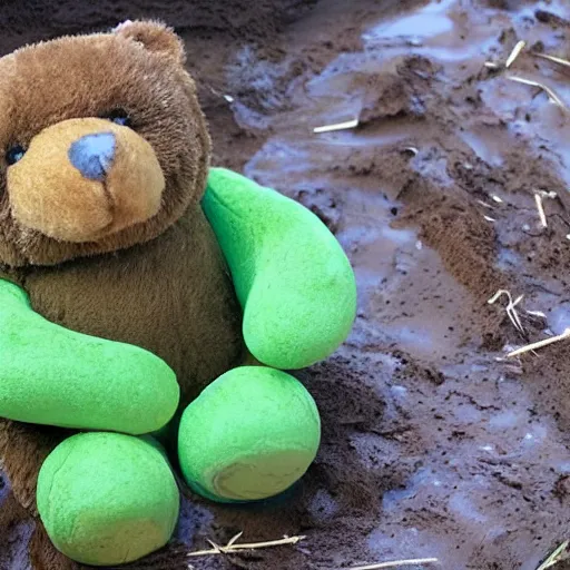 Prompt: Teddy Bear made of slime, inviting clay mud, slick and slimy, warm and yielding