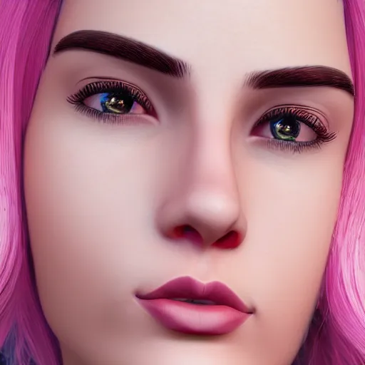 Image similar to the most beautiful woman in the world, in the style of julia razumova, beautiful, happy expression, cheery, unreal engine, octane rendering, 8 k, closeup headshot, smooth, trending on artstation, digital illustration, pink hair