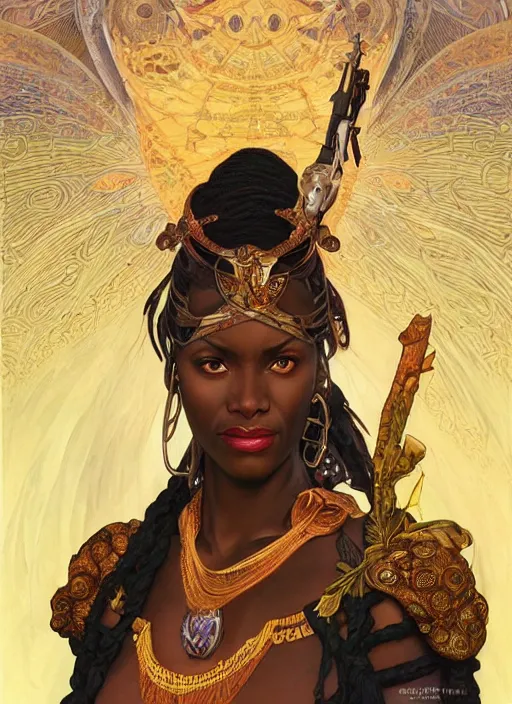 Image similar to Gina Tores as a beautiful african warrior woman, intricate, elegant, highly detailed, centered, digital painting, artstation, concept art, smooth, sharp focus, illustration, art by artgerm and donato giancola and alphonse mucha