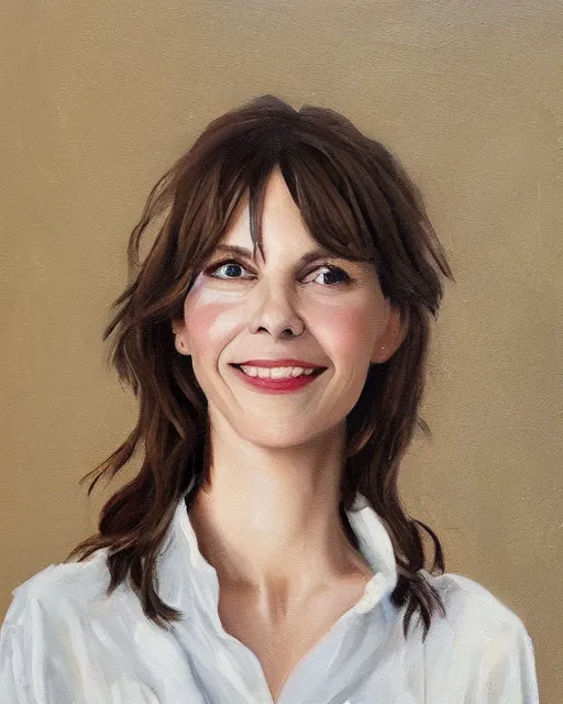 Prompt: a portrait painting of sabrina lloyd / perdita weeks / nicole de boer hybrid oil painting, gentle expression, smiling, elegant clothing, scenic background, behance hd by keith parkinson