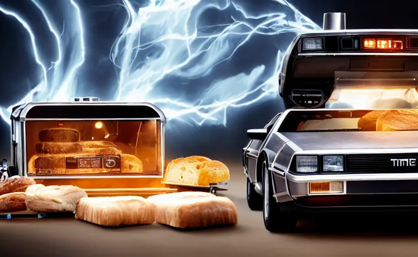 Image similar to a time-traveling delorean styled toaster with toast, bread inserted into slot, glowing heating coils, stainless steel, professional product shot, magazine ad