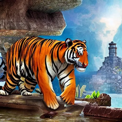 Image similar to a tiger discovering the lost city of atlantis