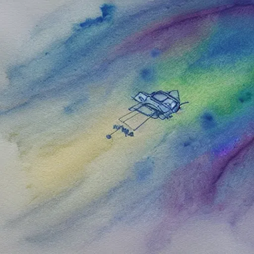 Prompt: high - angle view, close - up portrait, vague uap interstellar vehicle on top of an ephemeral rainbow in the sky, muted watercolor. minimalist, detailed, heavy under paint, muted colors, abstract. ue 5