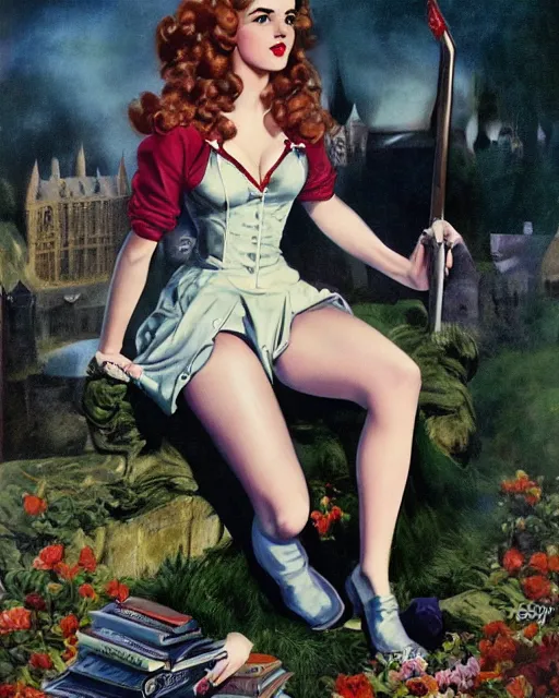 Image similar to pinup photo of hermione granger by emma watson in the crowded square of hogwarts, gil elvgren, enoch bolles, edward robert hughes, henry justice ford, glossy skin, pearlescent, very coherent, very detailed