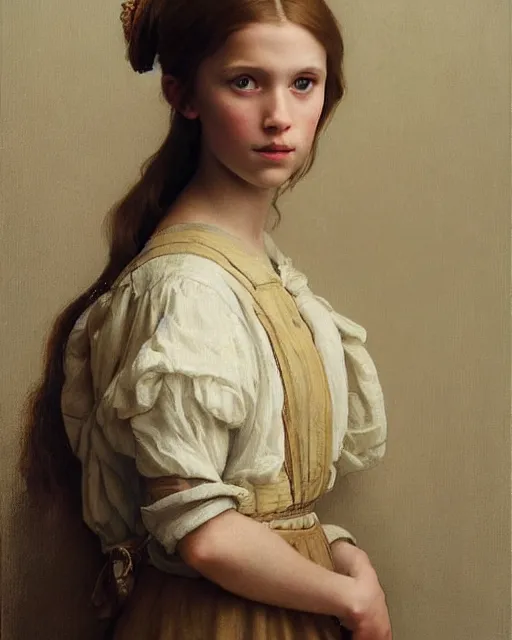 Image similar to a window - lit realistic portrait painting of a thoughtful girl resembling a young, shy, redheaded alicia vikander or millie bobby brown wearing peasant clothes by an open window, highly detailed, intricate, concept art, artstation, by donato giancola, vermeer, and william bouguereau