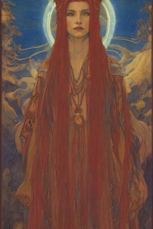 Image similar to goddess of the moonlit mountains with her regalia, by Annie Swynnerton and Nicholas Roerich and jean delville, dramatic cinematic lighting , ornate headdress , flowing robes, lost civilizations, extremely detailed