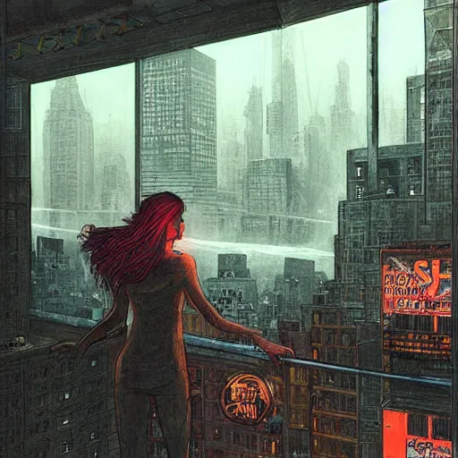 Prompt: “ a girl on a ledge overlooking futuristic new york city, ghostpunk, heavy rain, high detail, by moebius ”