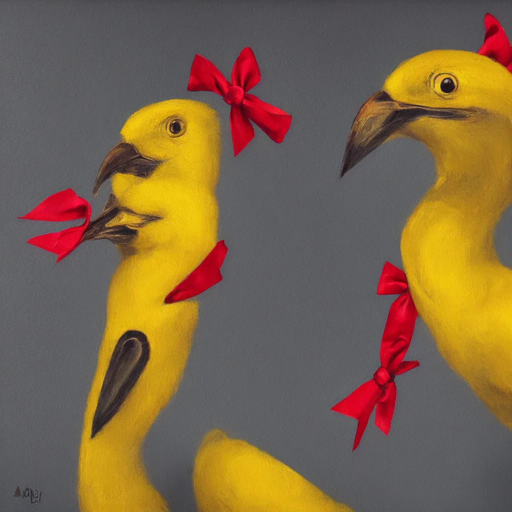 Image similar to A beautiful and elegant oil painting of a yellow bird wearing a crown and a red bow tie, 50mm lens, studio lighting, oil painting, matte, close up, 4k, by Sandro Boticceli