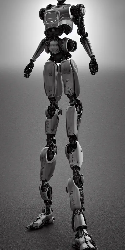 Prompt: a robot is standing in a black and white photo, a 3 d render by senior character artist, cgsociety, afrofuturism, hard surface modeling, cryengine, zbrush