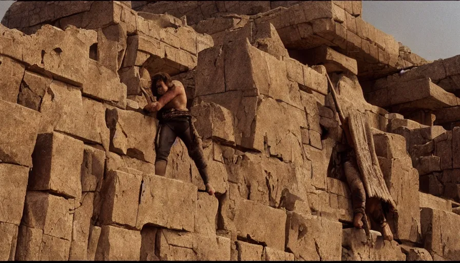 Image similar to dramatic movie stills by david lean of javier bardem as gilgamesh sumerian king climbing triumphantly a ziggurat, sumerian epic movie, cinestill 8 0 0 t eastmancolor technicolor, high quality, very detailed, heavy grain, fine facial features, 8 k, octane render