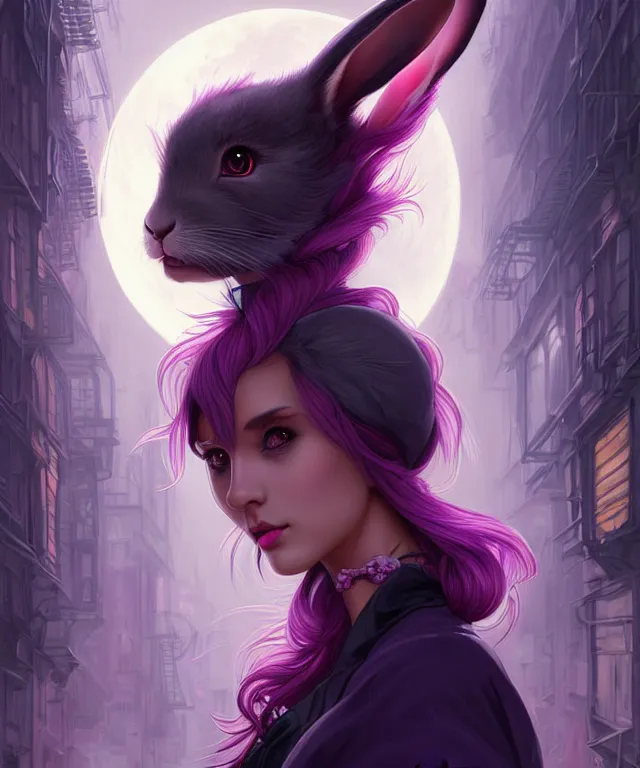 Image similar to anthropomorphic female Rabbit, eastern european origin, sci-fi, pink eyes, face, black and purple hair, fantasy, intricate, elegant, new york alleyway, moonlit, highly detailed, digital painting, artstation, concept art, smooth, sharp focus, illustration, art by artgerm and greg rutkowski and alphonse mucha