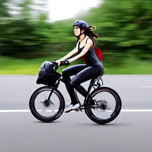 Prompt: photograph of a hot girl on a bike going 60 miles per hour