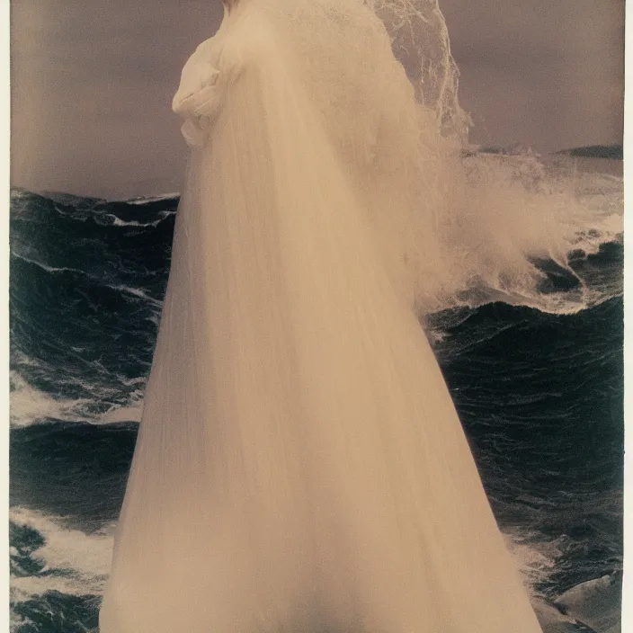 Image similar to a closeup portrait of a woman wearing wrapped in plastic, standing in front of a giant tsunami wave, color photograph, by james abbott mcneill whistler, canon eos c 3 0 0, ƒ 1. 8, 3 5 mm, 8 k, medium - format print