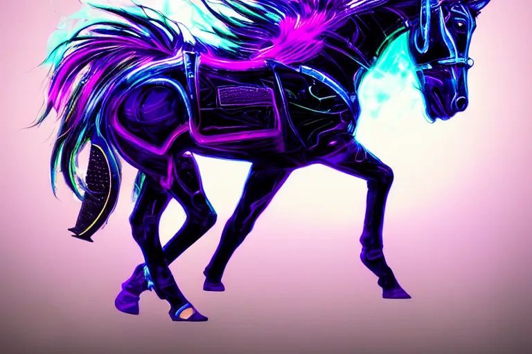 Image similar to a stunning cyberpunk horse with bioluminescent mane and tail by sandra chevrier and greg rutkowski, neon hooves, purple blue color scheme, vaporware, retro, outrun, high key lighting, volumetric light, digital art, highly detailed, fine detail, intricate, ornate, complex, octane render, unreal engine, photorealistic