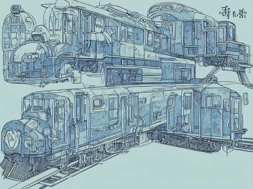 Image similar to blueprint sideview of a anime train, illustration, concept art, autumn light, colorful, beautiful, inspired by studio ghibli, inspired by hayao miyazaki, manga, cute and adorable