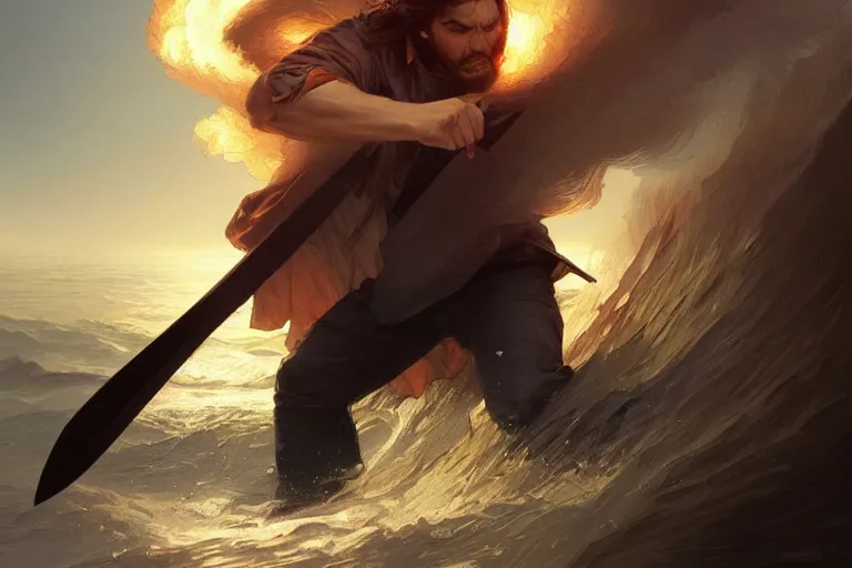 Image similar to a man fights an explosion wave with a knife, portrait, highly detailed, digital painting, artstation, concept art, smooth, sharp focus, illustration, cinematic lighting, art by artgerm and greg rutkowski and alphonse mucha