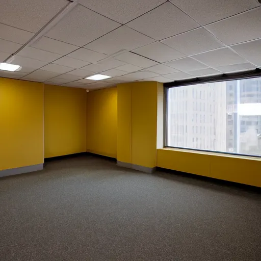 Image similar to empty 9 0 s office building with no windows doors or furniture. the building has brown carpet and yellow wallpaper