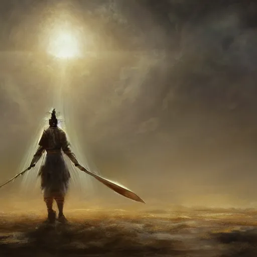 Prompt: a divine warrior of the light, artstation hall of fame gallery, editors choice, #1 digital painting of all time, most beautiful image ever created, emotionally evocative, greatest art ever made, lifetime achievement magnum opus masterpiece, the most amazing breathtaking image with the deepest message ever painted, a thing of beauty beyond imagination or words, 4k, highly detailed, cinematic lighting