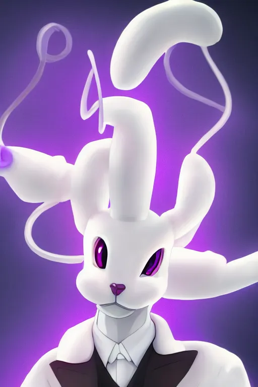 Image similar to mewtwo wearing a top hat and suit, highly detailed, digital art, sharp focus, ambient glow, trending on art station, anime art style