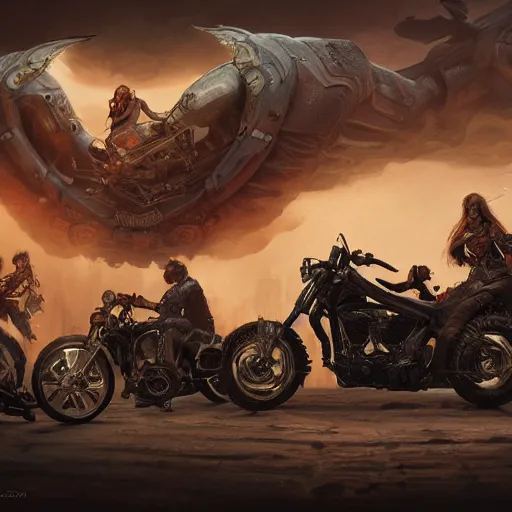 Image similar to harley davidson , highly detailed, illustration, fantasy art, in the style of greg rutkowski, epic, fantasy, intricate, hyper detailed, artstation, concept art, smooth, sharp focus, ray tracing