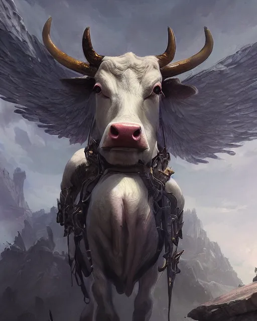 Prompt: Cow Angel , D&D, artstation, fantasy, magic the gathering artwork, cinematic lighting, centered, symmetrical, highly detailed, digital painting, , concept art, smooth, sharp focus, illustration, volumetric lighting, epic Composition, 8k, art by Akihiko Yoshida and Greg Rutkowski and Craig Mullins, oil painting, cgsociety