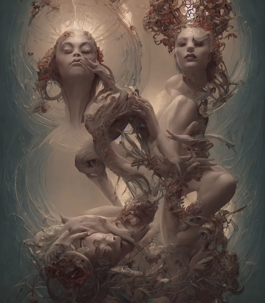 Prompt: symmetry!! the portrait of the absurdly beautiful woman, octane render, symmetrical face, full body!! sculptural, maximalist details, octane render, trending in cgsociety, a beautiful painting by gerald brom, peter mohrbacher, sophie anderson