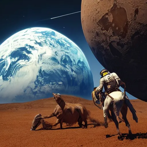 Image similar to apollo 8 cowboy earthrise cowboy in cowboy space, octane render, blender render, unreal engine, 3 5 mm, cowboy, with earth in rising in the sky in the background, trending on artstation, art by bartosz jaworski