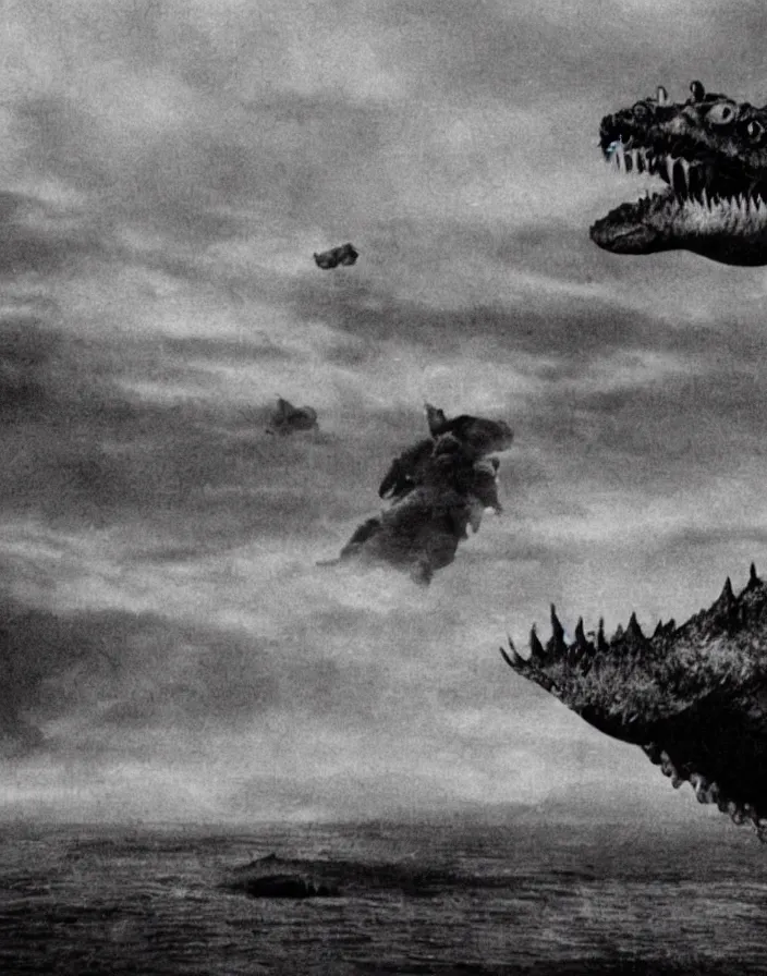 Image similar to a filmstill of a north korean monster movie, kaiju - eiga monster starfish - like trampling a traditional korean palace, foggy, film noir, epic battle, etheral, explosions, communist propaganda, communist epic thriller, by akira kurosawa and wes anderson video compression