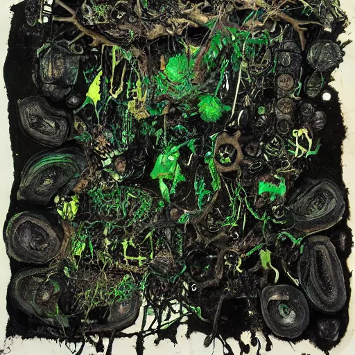 Prompt: a black and green biomechanical talisman of suffering, rotting, fungus, wings by maggi mcdonald, jackson pollock, mark rothko, sabina klein