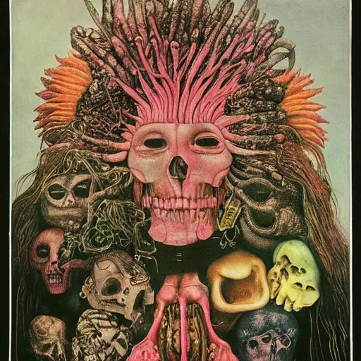 Image similar to post - punk new age album cover, magic, apocalypse, psychedelic, psychonaut, black white pink, magic, giger h. r., giuseppe arcimboldo