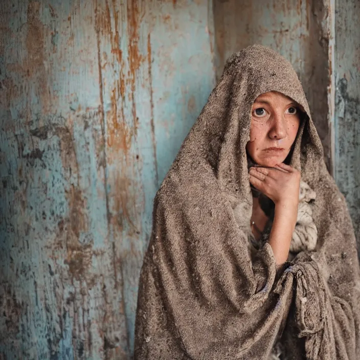 Prompt: a woman wearing a hooded cloak made of zinnias and barbed wire, in a derelict house, by Erik Almas, natural light, detailed face, CANON Eos C300, ƒ1.8, 35mm, 8K, medium-format print