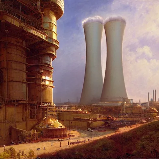 Prompt: detailed cinematic wide shot of giant world nuclear power plant, ultra realistic, spring light, painting by gaston bussiere, craig mullins, j. c. leyendecker