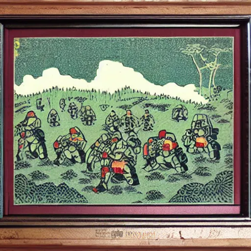 Prompt: colored woodblock print, imperium space marines, lush pastoral woodland scene