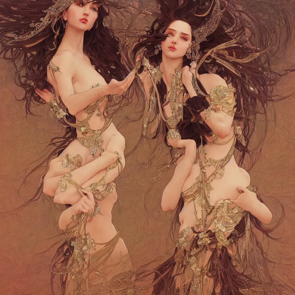 Image similar to seductive goddess dancing in the desert, symmetrical face, fantasy, intricate and very beautiful and elegant, highly detailed, digital painting, artstation, concept art, smooth and sharp focus, illustration, art by tan zi and ayanamikodon and alphonse mucha and wlop