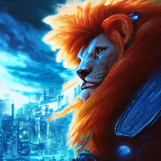 Prompt: highly detailed Liono from Thundercats, sword of omens, cyberpunk, concept art, character art, studio lightning, bright colors, intricate, masterpiece, photorealistic, hyperrealistic, sharp focus, high contrast, Artstation HQ, DeviantArt trending, 8k UHD, Unreal Engine 5