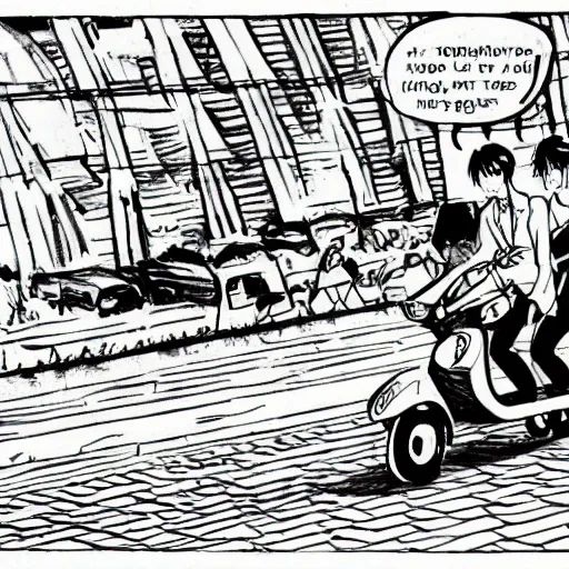 Image similar to a drawing of a man and a woman riding a scooter, a comic book panel by hiromu arakawa, featured on pixiv, tachisme, rtx, anime, art