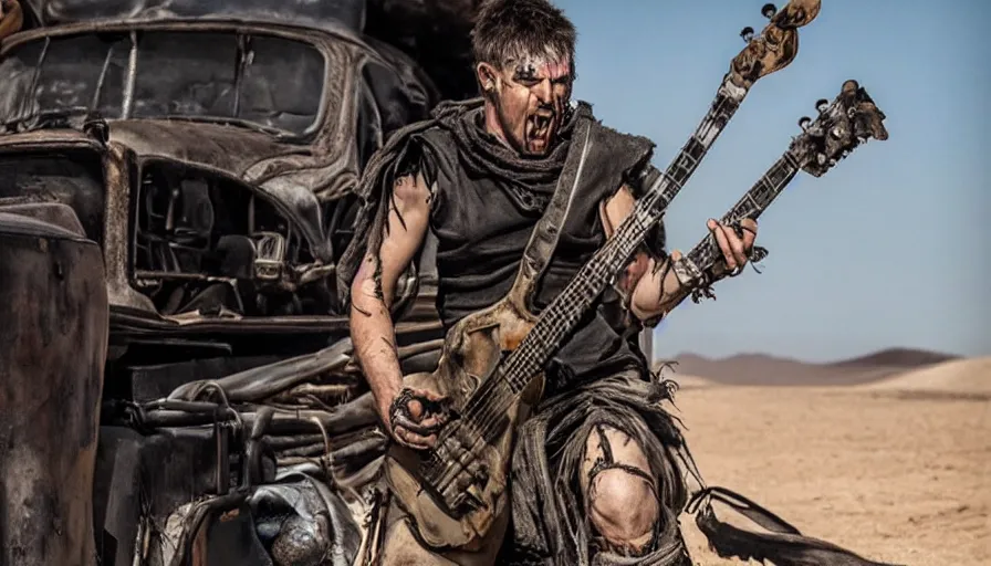 Image similar to Mad Max guitar player from Mad Max Fury Road, movie still, sharp, highly detailed, hollywood movie