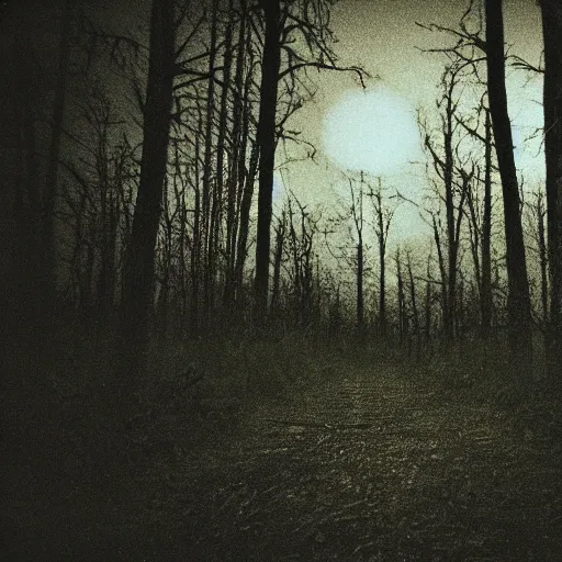 Image similar to film frame of a dark forest full of dead trees at night, a green glowing humanoid emerges from it, creepy, moonlight, horror, uncanny, old camera footage, REC sign,