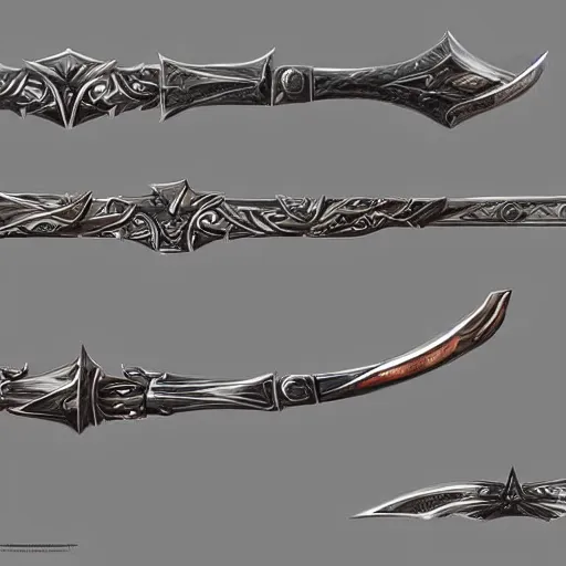 Prompt: concept art of elven bow weapon, symmetry, bow design, fantasy bow, fantasy, behance, pinterest, deviantart, artstation, weapons concept art, design, rpg, weapon, detailed, digital art, incredible, digital painting